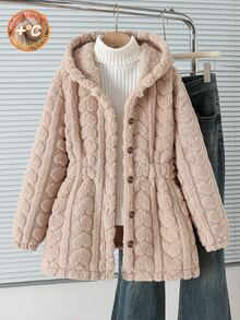 Tween Girl Heart Texture Long Sleeve Single-Breasted Hooded Jacket - Khaki - View 3