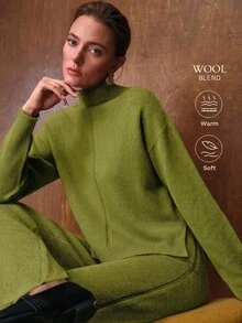 MOTF PREMIUM 女款秋冬純色高領毛衣與針織長褲兩件套 - 軍綠色 - 查看 1