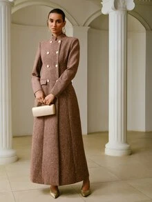 ZEYLAH Women's Double-Breasted Long Sleeve Elegant Stand Collar Overcoat - Brown - View 6