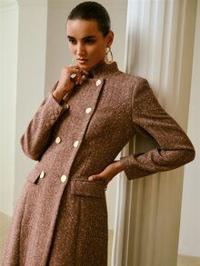 ZEYLAH Women's Double-Breasted Long Sleeve Elegant Stand Collar Overcoat - Brown - View 4