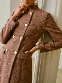 ZEYLAH Women's Double-Breasted Long Sleeve Elegant Stand Collar Overcoat - Brown - View 2