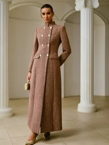 ZEYLAH Women's Double-Breasted Long Sleeve Elegant Stand Collar Overcoat - Brown - View 3
