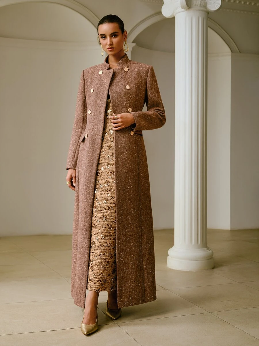 ZEYLAH Women's Double-Breasted Long Sleeve Elegant Stand Collar Overcoat - Brown - View 1