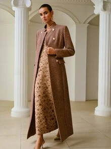 ZEYLAH Women's Double-Breasted Long Sleeve Elegant Stand Collar Overcoat - Brown - View 5