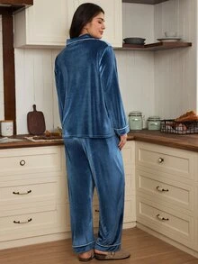 Doze Lane Plus Size Casual Long Sleeve Lapel Velvet Pajama Set - Teal Blue - View 2
