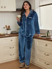 Doze Lane Plus Size Casual Long Sleeve Lapel Velvet Pajama Set - Teal Blue - View 1