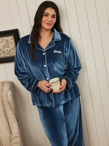 Doze Lane Plus Size Casual Long Sleeve Lapel Velvet Pajama Set - Teal Blue - View 5