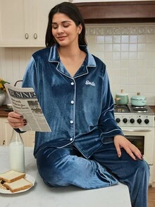 Doze Lane Plus Size Casual Long Sleeve Lapel Velvet Pajama Set - Teal Blue - View 4