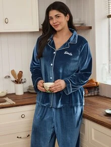 Doze Lane Plus Size Casual Long Sleeve Lapel Velvet Pajama Set - Teal Blue - View 6