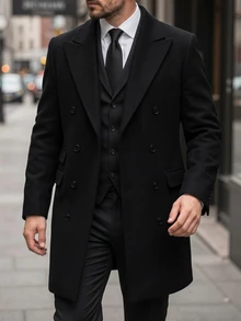 Manfinity Homme Men's Solid Color Double-Breasted Button Front Long-Sleeve Coat With Pockets, Autumn Wear, Winter Outfit - Black - View 3