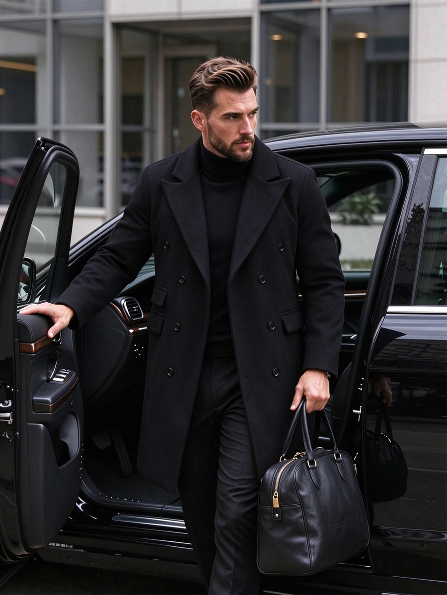 Manfinity Homme Men's Solid Color Double-Breasted Button Front Long-Sleeve Coat With Pockets, Autumn Wear, Winter Outfit - Black - View 1
