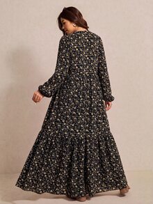 Elaquor Plus Size Women's Ditsy Floral V-Neck Lantern Sleeve Ruffle Hem Elegant Fluffy 1950s Vintage Christmas Dress Vacation Dress Fall/Winter Thanksgiving - Black - View 2