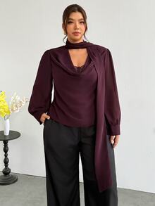 Firerie Plus Size Women Lace Patchwork Casual Elegant Daily Long Sleeve Blouse Formal Party Office Fall/Winter Elegant Thanksgiving & New Year Party Blouse - Purple - View 3