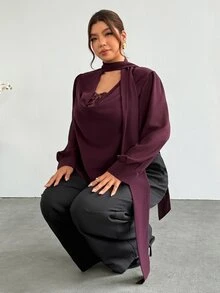 Firerie Plus Size Women Lace Patchwork Casual Elegant Daily Long Sleeve Blouse Formal Party Office Fall/Winter Elegant Thanksgiving & New Year Party Blouse - Purple - View 7