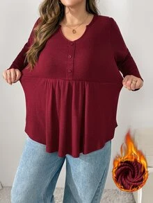 Shapeblank Plus Size Women Solid Color V-Neck Long Sleeve Button Design Casual Daily Going Out T-Shirt For Women Fall/Winter Casual Office Work T-Shirt Women - Red - View 5