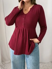 Shapeblank Plus Size Women Solid Color V-Neck Long Sleeve Button Design Casual Daily Going Out T-Shirt For Women Fall/Winter Casual Office Work T-Shirt Women - Red - View 4