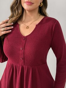 Shapeblank Plus Size Women Solid Color V-Neck Long Sleeve Button Design Casual Daily Going Out T-Shirt For Women Fall/Winter Casual Office Work T-Shirt Women - Red - View 6