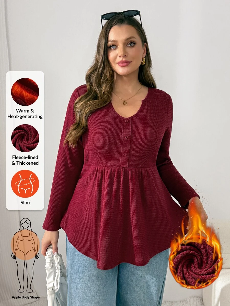 Shapeblank Plus Size Women Solid Color V-Neck Long Sleeve Button Design Casual Daily Going Out T-Shirt For Women Fall/Winter Casual Office Work T-Shirt Women - Red - View 1