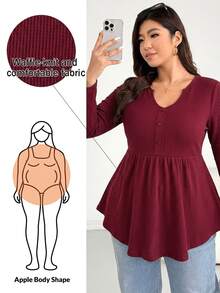 Shapeblank Plus Size Women Solid Color V-Neck Long Sleeve Button Design Casual Daily Going Out T-Shirt For Women Fall/Winter Casual Office Work T-Shirt Women - Red - View 2