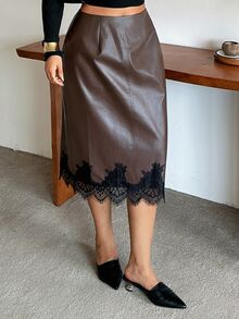 Dazy Plus Plus Size PU Leather Contrast Lace Elegant Blogger Style Skirt Party Evening Brown - Brown - View 4