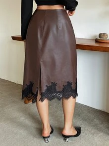 Dazy Plus Plus Size PU Leather Contrast Lace Elegant Blogger Style Skirt Party Evening Brown - Brown - View 2