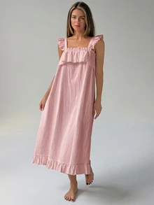 Livesso Summer Navy Blue Minimalist Sweet 100% Pure Cotton Patchwork Ruffle Trim Spaghetti Strap Women's Nightgown - Pink - View 7