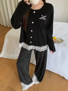 DAZY Women's Contrast Lace Hem Button Design Top And Long Pants Pajama Set Fall - Black - View 6