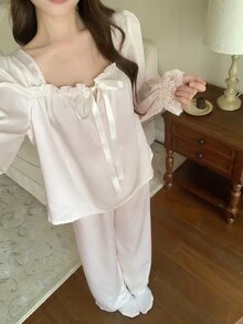 DAZY 2pcs/Set Women's Sweet Cute Fairy Solid Color Lace Patchwork Square Neck Long Sleeve Long Pajama Pants Sleepwear Set Sleep Pink Camo - Apricot - View 4