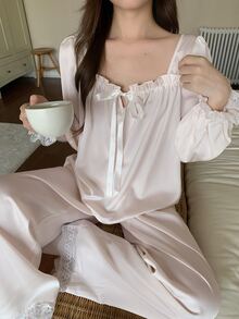 DAZY 2pcs/Set Women's Sweet Cute Fairy Solid Color Lace Patchwork Square Neck Long Sleeve Long Pajama Pants Sleepwear Set Sleep Pink Camo - Apricot - View 1