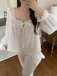 DAZY 2pcs/Set Women's Sweet Cute Fairy Solid Color Lace Patchwork Square Neck Long Sleeve Long Pajama Pants Sleepwear Set Sleep Pink Camo - Apricot - View 3