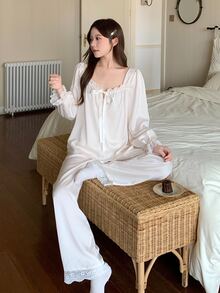 DAZY 2pcs/Set Women's Sweet Cute Fairy Solid Color Lace Patchwork Square Neck Long Sleeve Long Pajama Pants Sleepwear Set Sleep Pink Camo - Apricot - View 7
