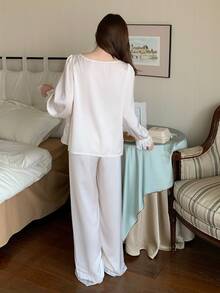 DAZY 2pcs/Set Women's Sweet Cute Fairy Solid Color Lace Patchwork Square Neck Long Sleeve Long Pajama Pants Sleepwear Set Sleep Pink Camo - Apricot - View 2