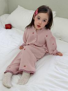 Dazy Kids Baby Girl Cherry Print Top And Textured Long Pants Loungewear Set - Pink - View 4