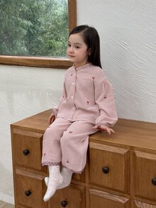 Dazy Kids Baby Girl Cherry Print Top And Textured Long Pants Loungewear Set - Pink - View 1