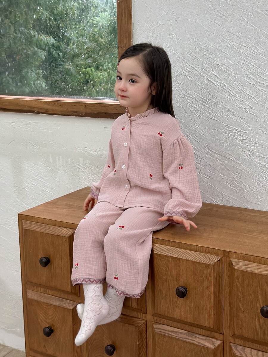 Dazy Kids Baby Girl Cherry Print Top And Textured Long Pants Loungewear Set - Pink - View 1