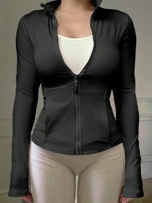 DAZY 女款標準版型休閒運動風拉鍊飛行夾克，春秋女裝外套，健身運動黑色 - 黑色 - 查看 9