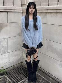 FRIFUL 女款休閒百搭日常長袖針織衫 - 灰色 - 查看 3