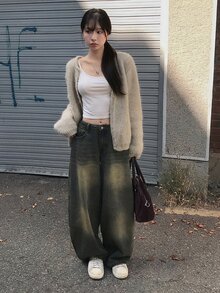 DAZY Vintage Washed Yellow Loose Wide Leg Casual Street Vacation Korean Style Autumn/Winter Long Jeans For Women - Blue - View 2