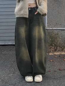 DAZY Vintage Washed Yellow Loose Wide Leg Casual Street Vacation Korean Style Autumn/Winter Long Jeans For Women - Blue - View 7