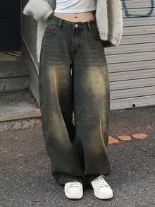 DAZY Vintage Washed Yellow Loose Wide Leg Casual Street Vacation Korean Style Autumn/Winter Long Jeans For Women - Blue - View 6
