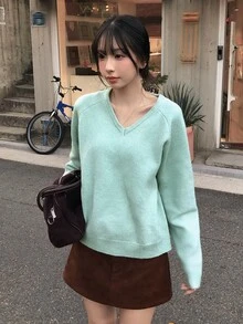 DAZY Women's Solid Color Loose Long Sleeve V-Neck Casual Daily Vacation Korean Style Autumn/Winter Thick Knit Pullover Sweater - Green - View 5