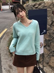 DAZY Women's Solid Color Loose Long Sleeve V-Neck Casual Daily Vacation Korean Style Autumn/Winter Thick Knit Pullover Sweater - Green - View 3