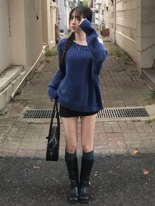 DAZY Solid Color Loose Hollow Asymmetrical Shoulder Long Sleeve Casual Vacation Korean Style Girl Autumn/Winter Pullover Knit Sweater Women - Blue - View 2