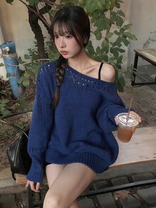 DAZY Solid Color Loose Hollow Asymmetrical Shoulder Long Sleeve Casual Vacation Korean Style Girl Autumn/Winter Pullover Knit Sweater Women - Blue - View 3