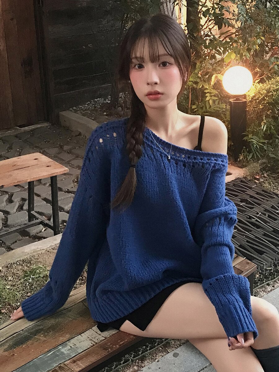 DAZY Solid Color Loose Hollow Asymmetrical Shoulder Long Sleeve Casual Vacation Korean Style Girl Autumn/Winter Pullover Knit Sweater Women - Blue - View 1