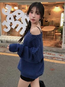 DAZY Solid Color Loose Hollow Asymmetrical Shoulder Long Sleeve Casual Vacation Korean Style Girl Autumn/Winter Pullover Knit Sweater Women - Blue - View 7