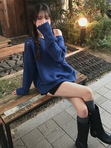 DAZY Solid Color Loose Hollow Asymmetrical Shoulder Long Sleeve Casual Vacation Korean Style Girl Autumn/Winter Pullover Knit Sweater Women - Blue - View 4