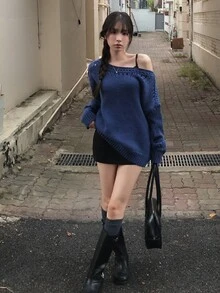 DAZY Solid Color Loose Hollow Asymmetrical Shoulder Long Sleeve Casual Vacation Korean Style Girl Autumn/Winter Pullover Knit Sweater Women - Blue - View 8