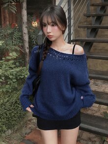 DAZY Solid Color Loose Hollow Asymmetrical Shoulder Long Sleeve Casual Vacation Korean Style Girl Autumn/Winter Pullover Knit Sweater Women - Blue - View 6