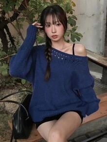 DAZY Solid Color Loose Hollow Asymmetrical Shoulder Long Sleeve Casual Vacation Korean Style Girl Autumn/Winter Pullover Knit Sweater Women - Blue - View 5